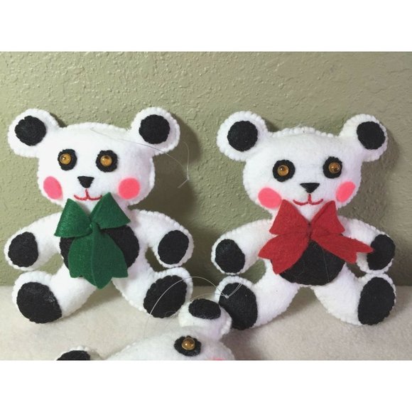 VTG Handmade white panda Felt Teddy‎ Bear set of 3 Christmas Ornaments retro - Picture 2 of 3